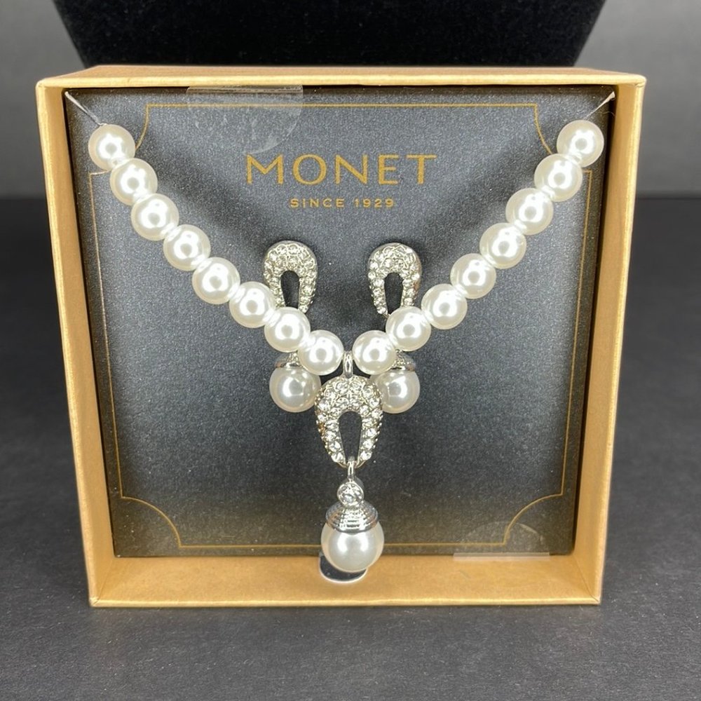 Monet Pearl Crystal Drop Earring and Necklace Set